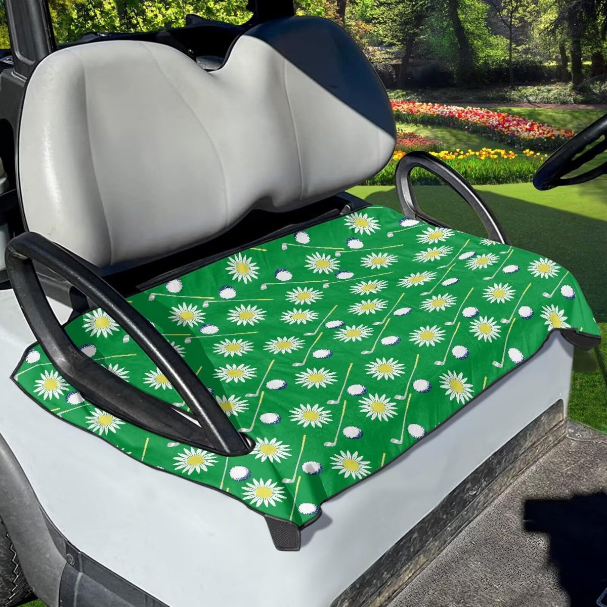 Liuqpwys Daisy golf seat cover blanket on seat showing snug universal fit for EZGO Club carts.