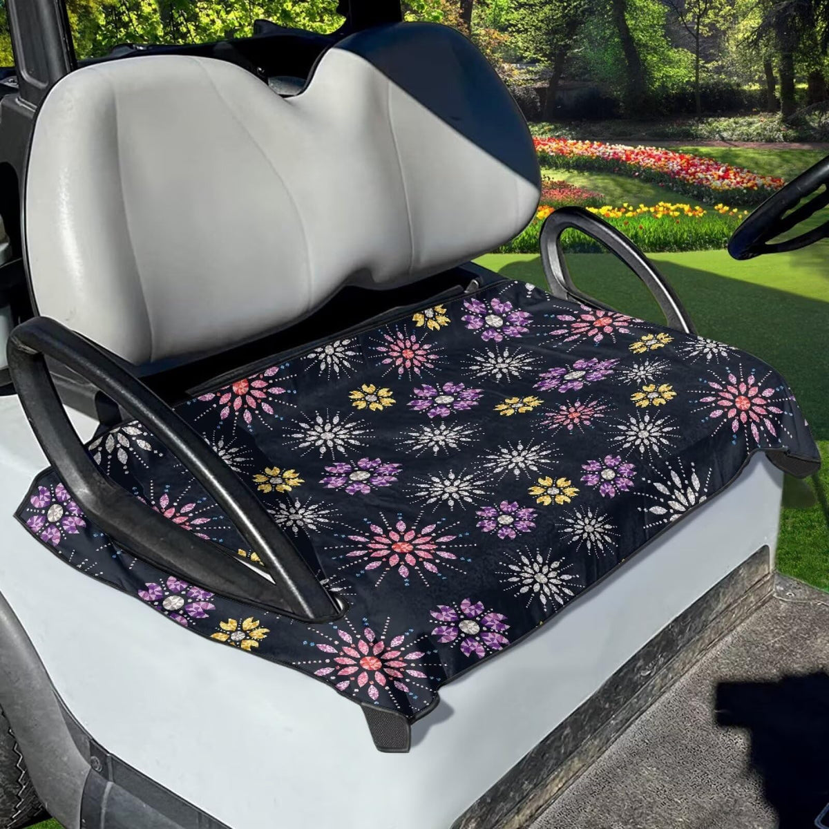 Liuqpwys Diamond Flowers golf cart seat cover on cart illustrating universal fit and protection.