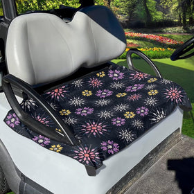 Liuqpwys Diamond Flowers golf cart seat cover on cart illustrating universal fit and protection.