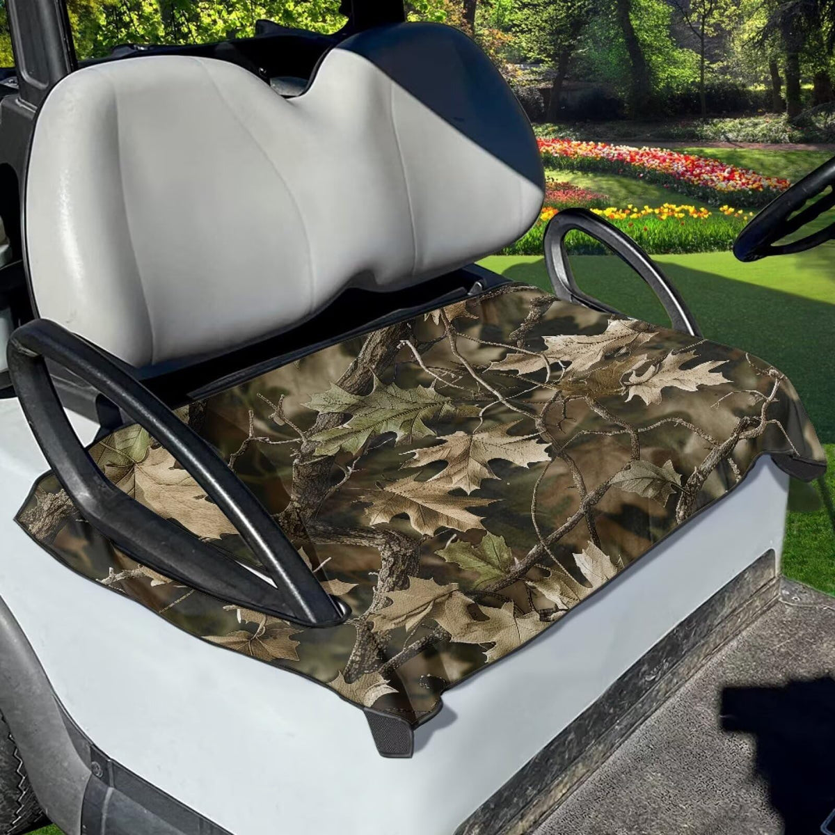 Liuqpwys universal-fit seat cover with armerests keeps two-seat golf carts clean.