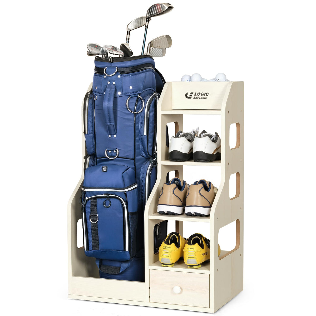 Logicexplore bottom drawer stores tees and gloves for easy reach.