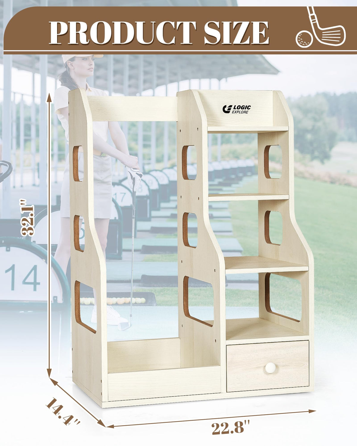 Logicexplore golf bag storage drawer holds tees and accessories for quick access.