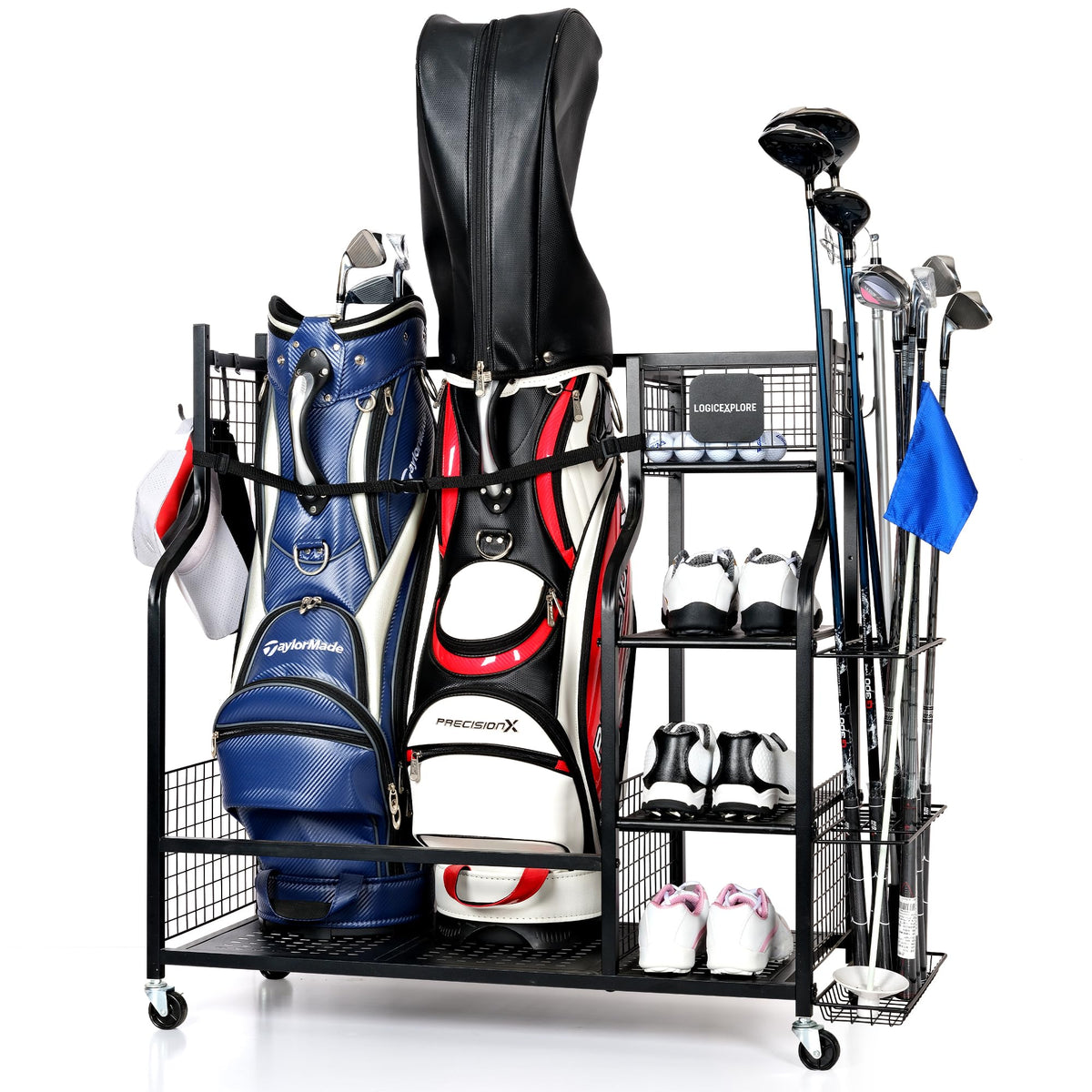 Logicexplore golf bag storage rack in a garage securely holding two bags