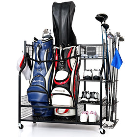 Logicexplore golf bag storage rack in a garage securely holding two bags