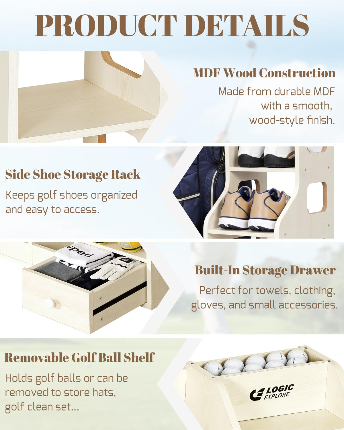 Logicexplore multi-functional golf storage design for shoes, balls, and gear in one place.
