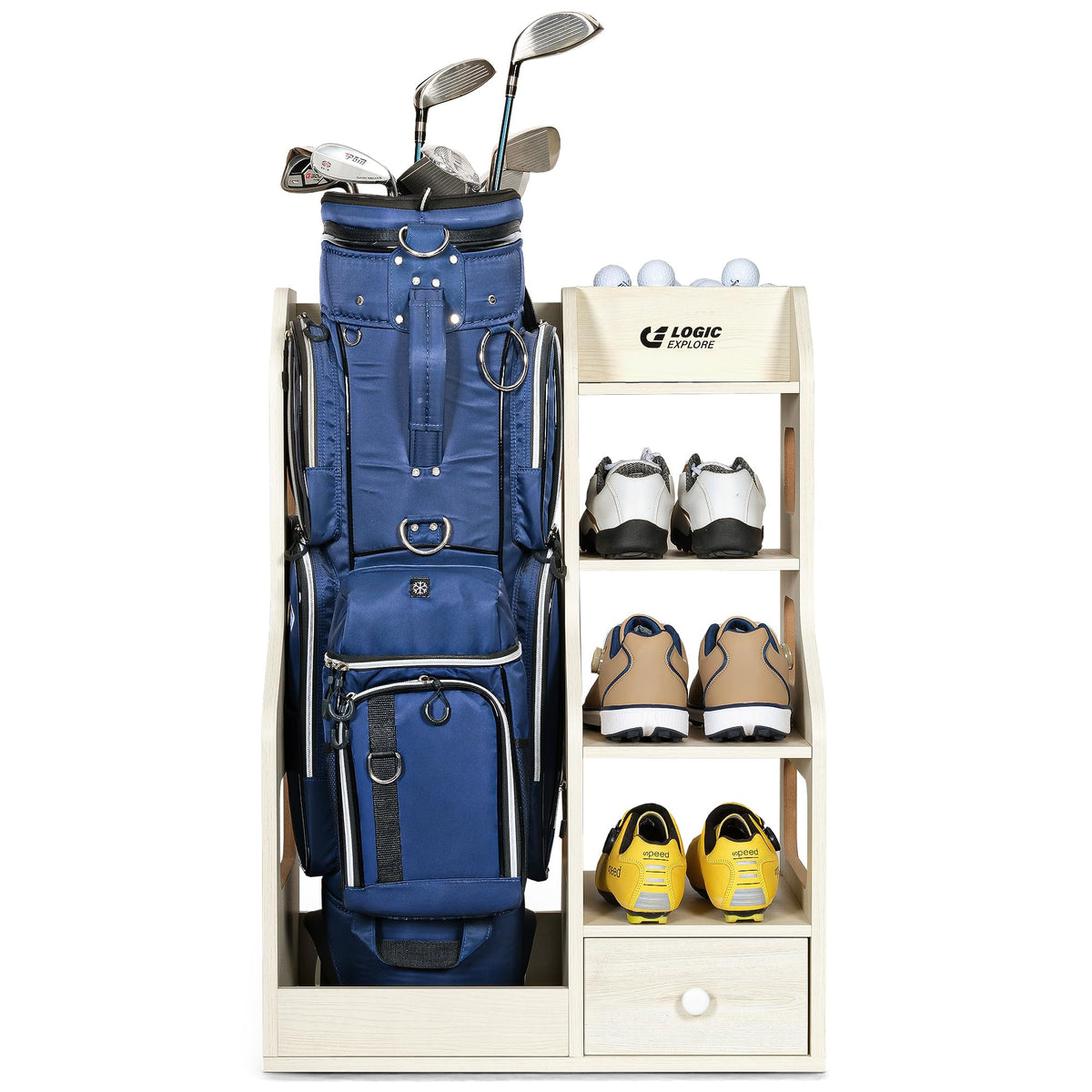 Logicexplore premium wooden golf bag organizer rack keeps clubs upright and accessible.