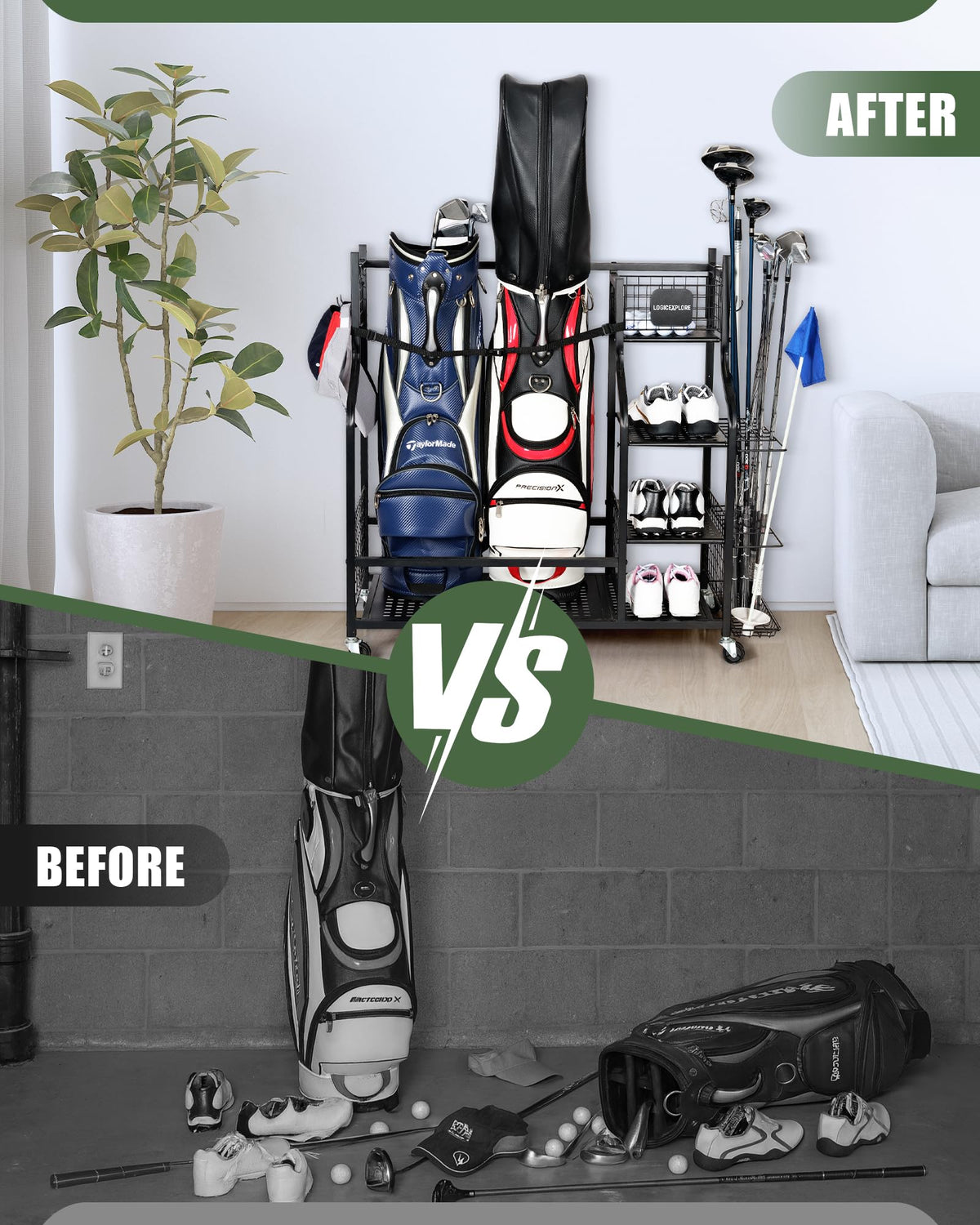 Logicexplore two-golf-bag stand keeps bags upright and protected