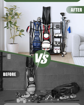 Logicexplore two-golf-bag stand keeps bags upright and protected