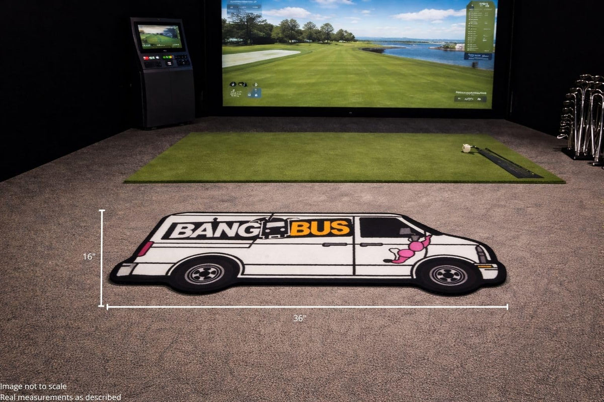 Logie Joe's Bang Bus garage mat provides durable, easy-clean workspace protection.
