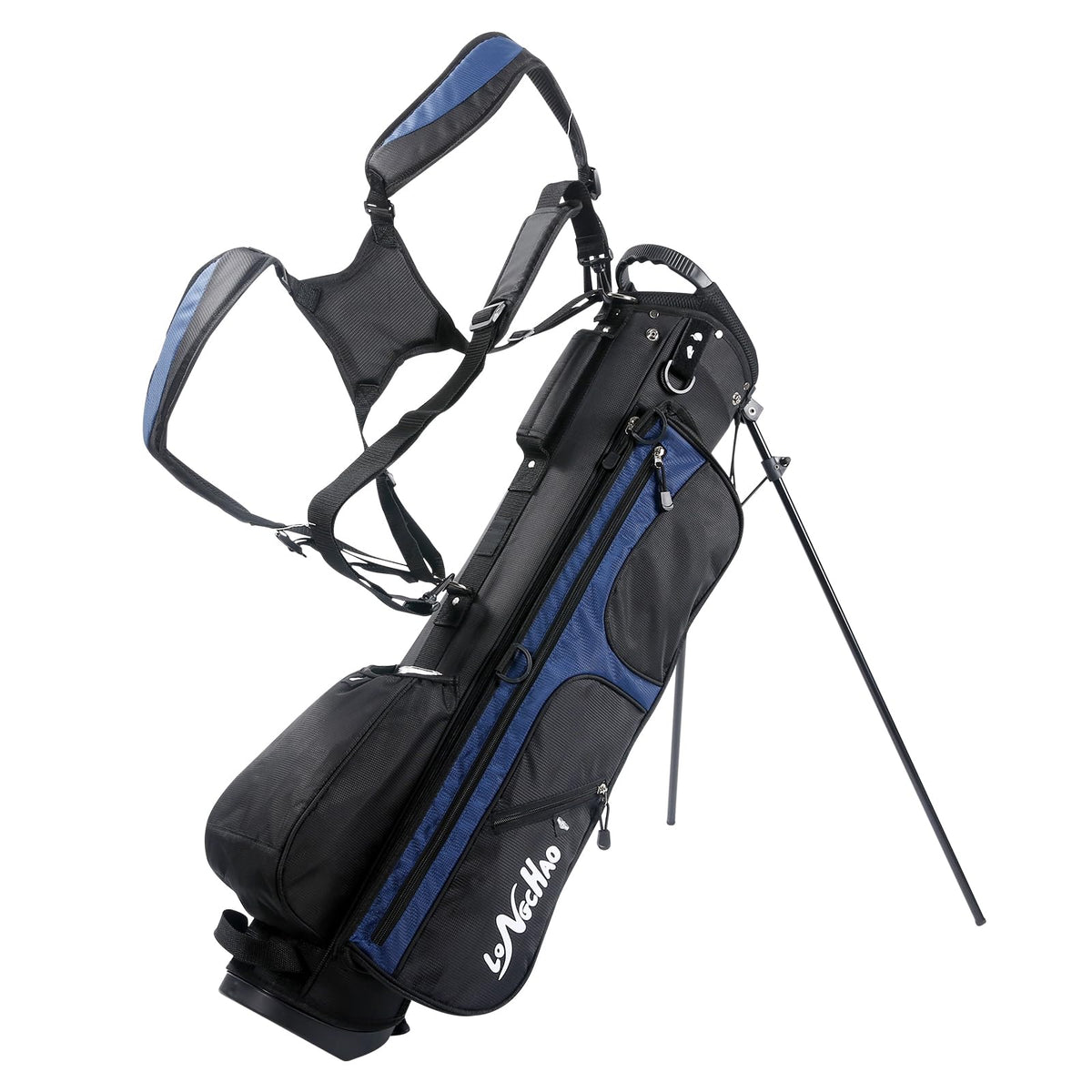 LONGCHAO four-way golf bag blue with backpack straps for easy carry.