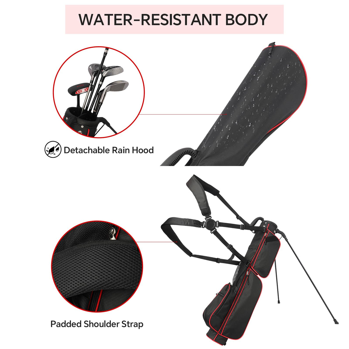 LONGCHAO bag with six pockets keeps tees, balls, and accessories organized.