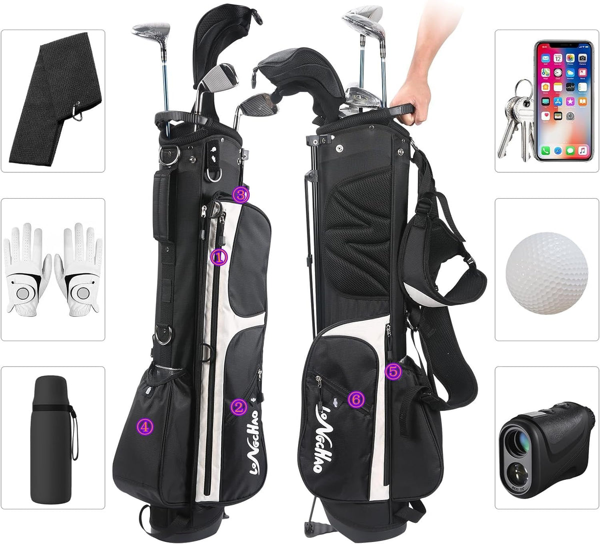 LONGCHAO golf stand bag with rain cover ready for travel and weather protection.