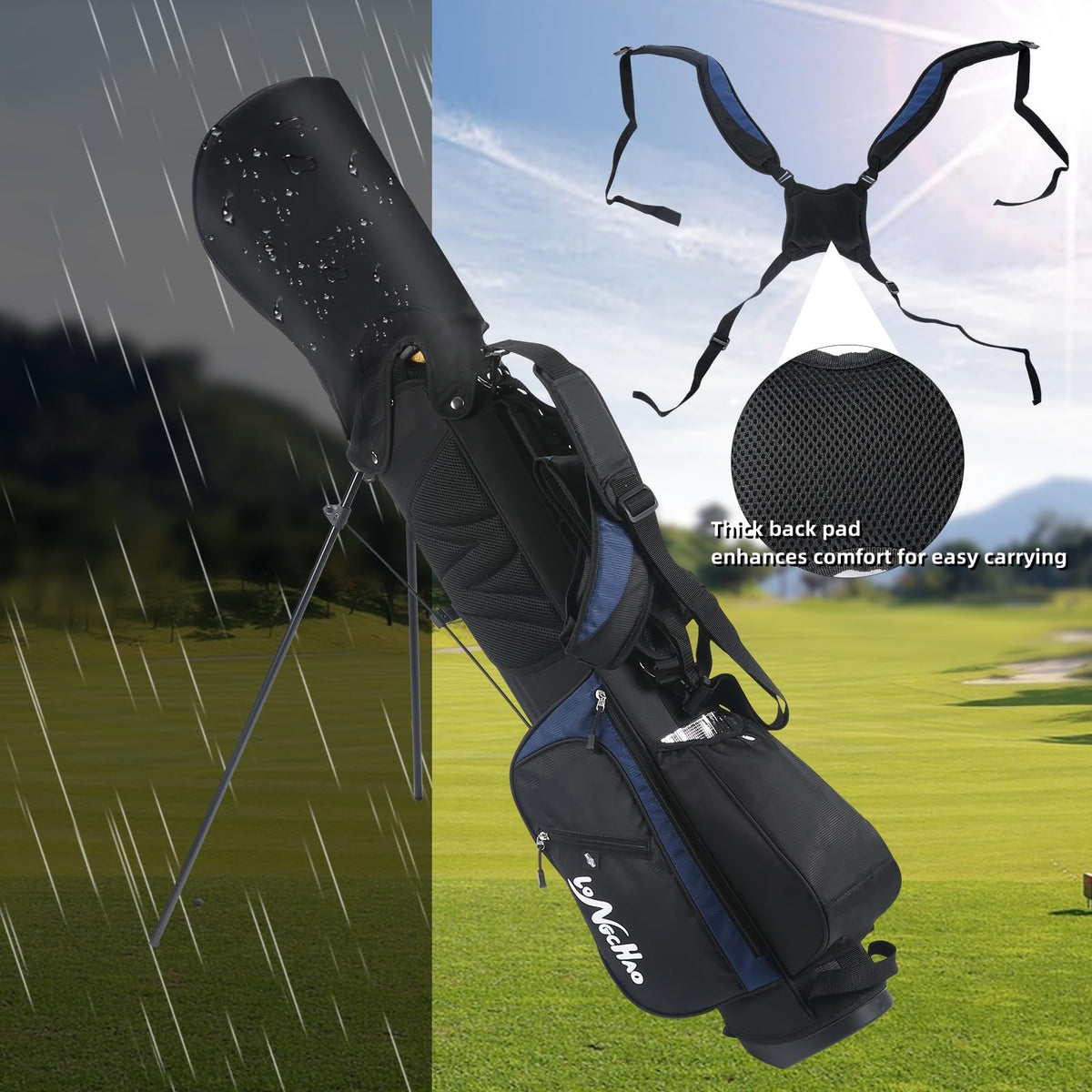LONGCHAO six-pocket blue golf bag keeps essentials organized on the course.