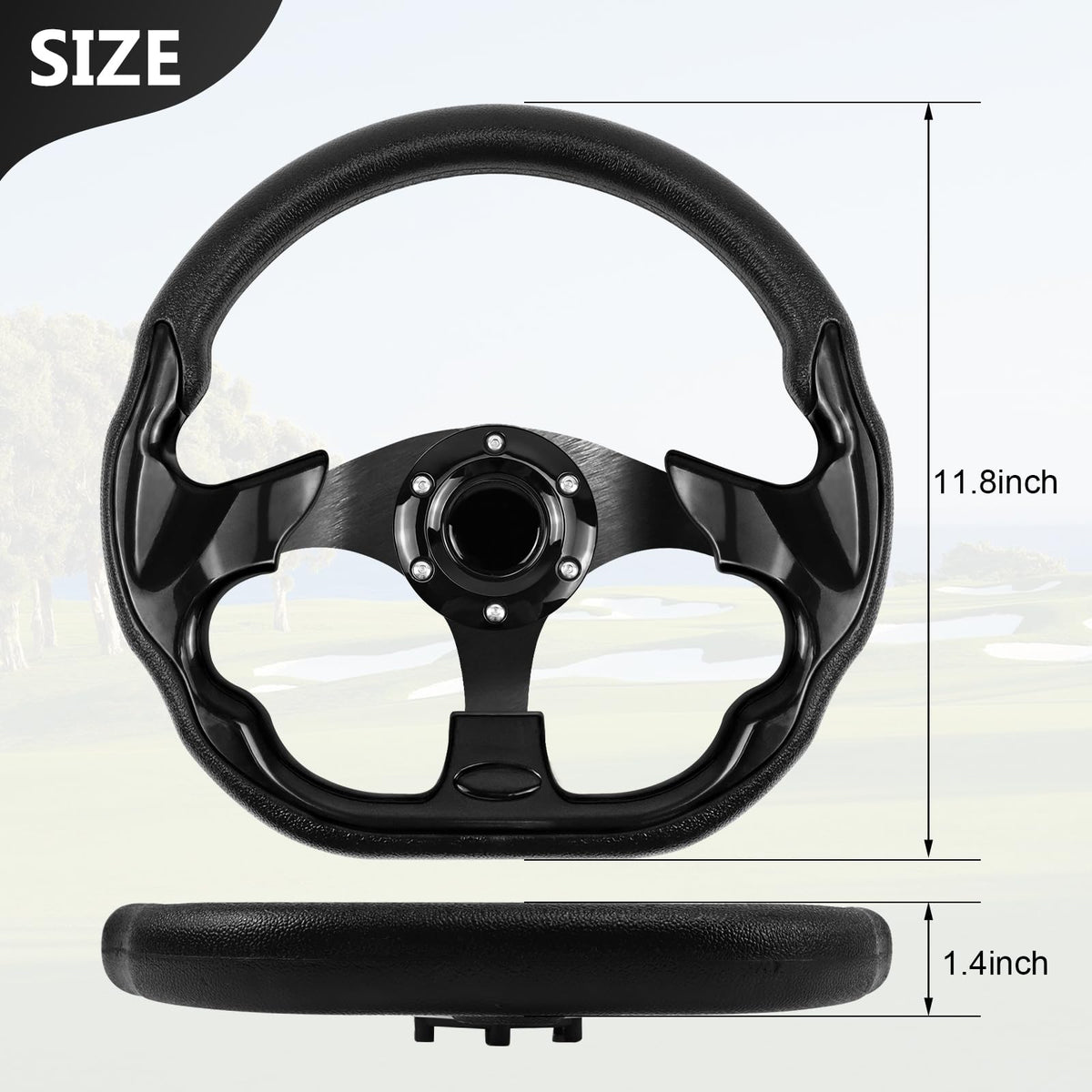 LOSCHEN chrome adapter-ready steering wheel ready for upgrade on compatible carts.