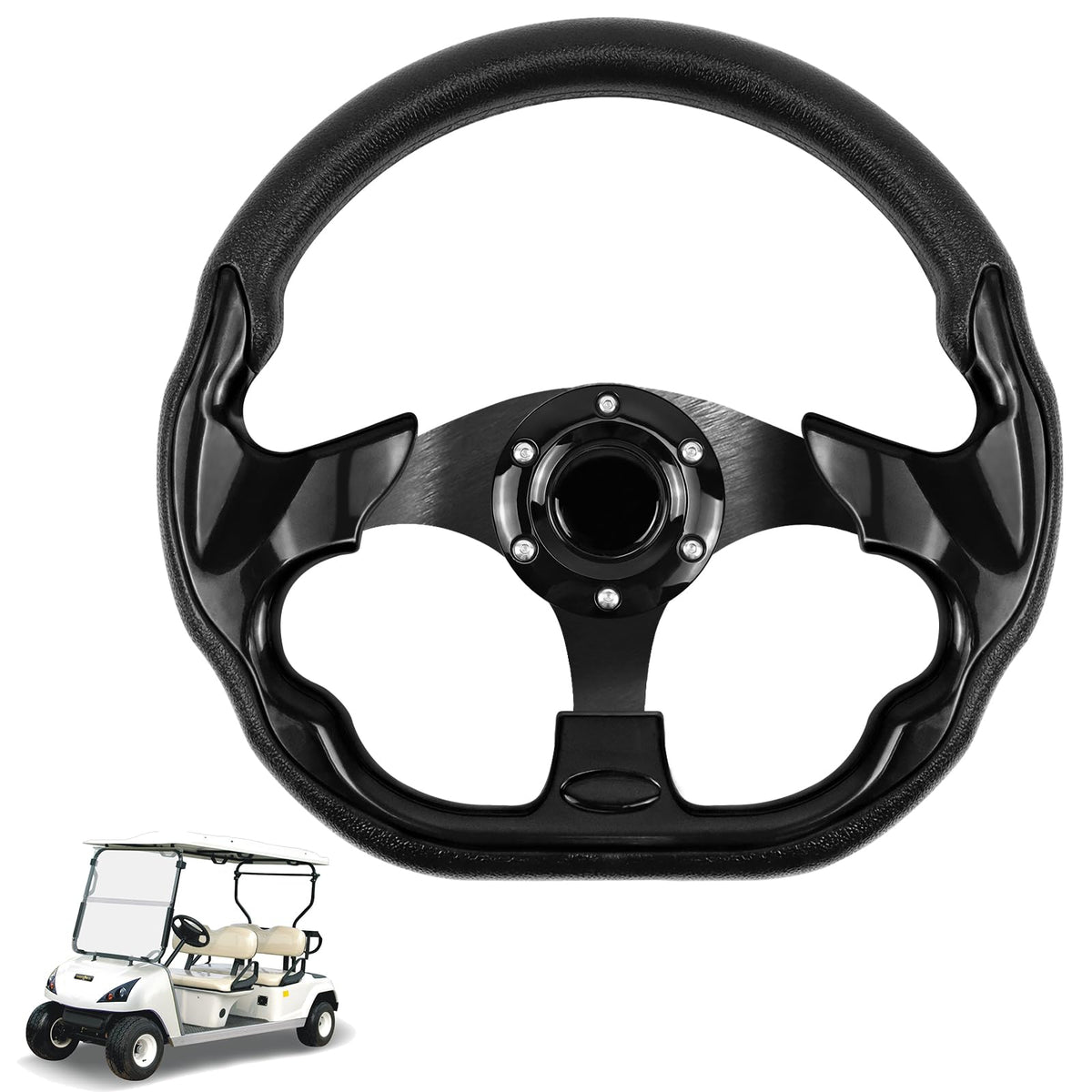 LOSCHEN golf cart steering wheel close-up in black PVC grip for secure handling.