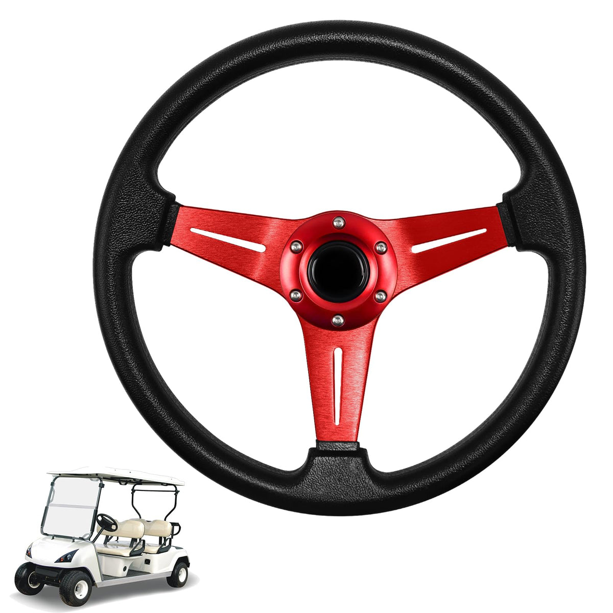 LOSCHEN golf cart steering wheel red front view with ergonomic grip.