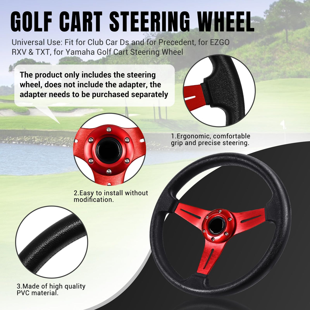 LOSCHEN universal-fit steering wheel for Club Car DS and EZGO RXV/TXT, versatile compatibility.