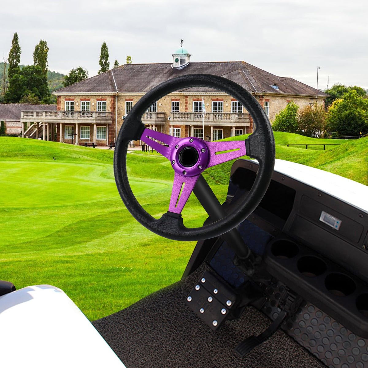 LOSCHEN purple steering wheel mounted on a golf cart adds a sporty, stylish look