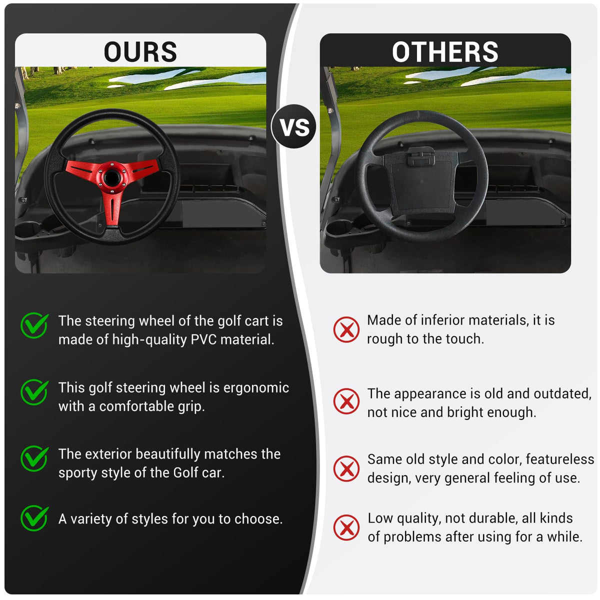 LOSCHEN red styling steering wheel complements cart aesthetics and comfort.