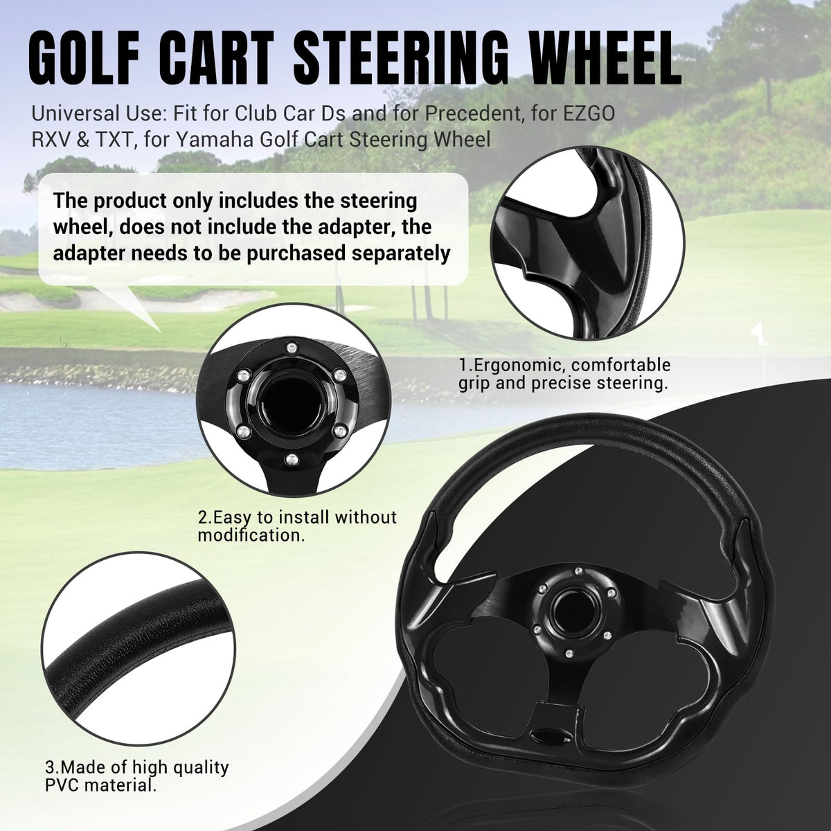 LOSCHEN universal D-shaped steering wheel fits Club Car DS, Precedent, EZGO RXV and TXT.