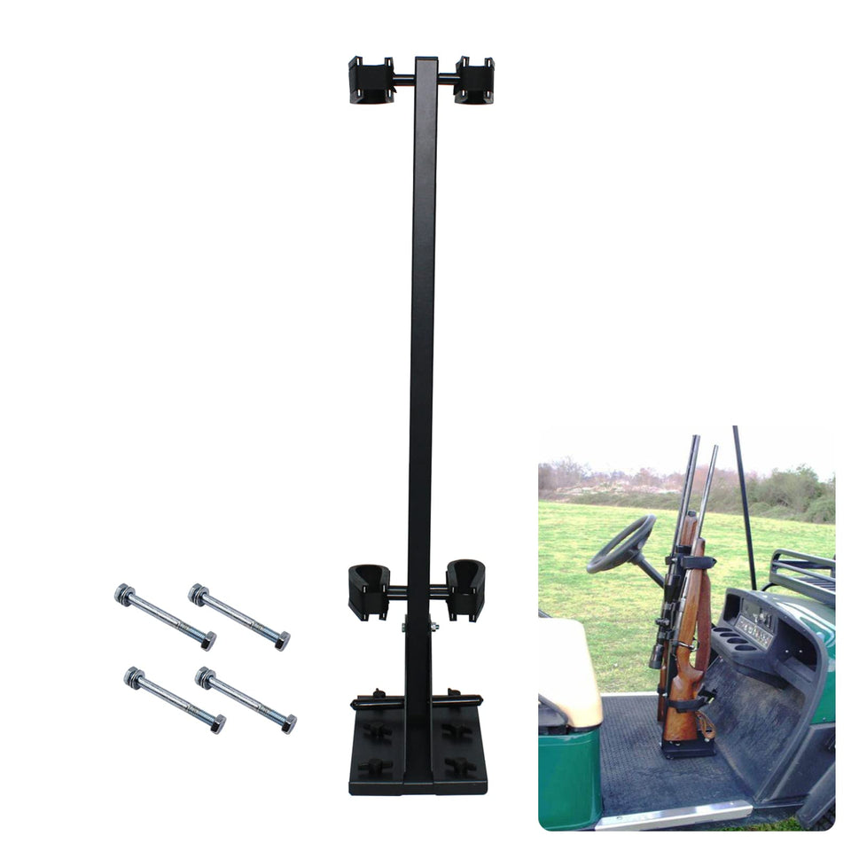 LOSTAR golf cart gun rack front view shows secure two-gun capacity