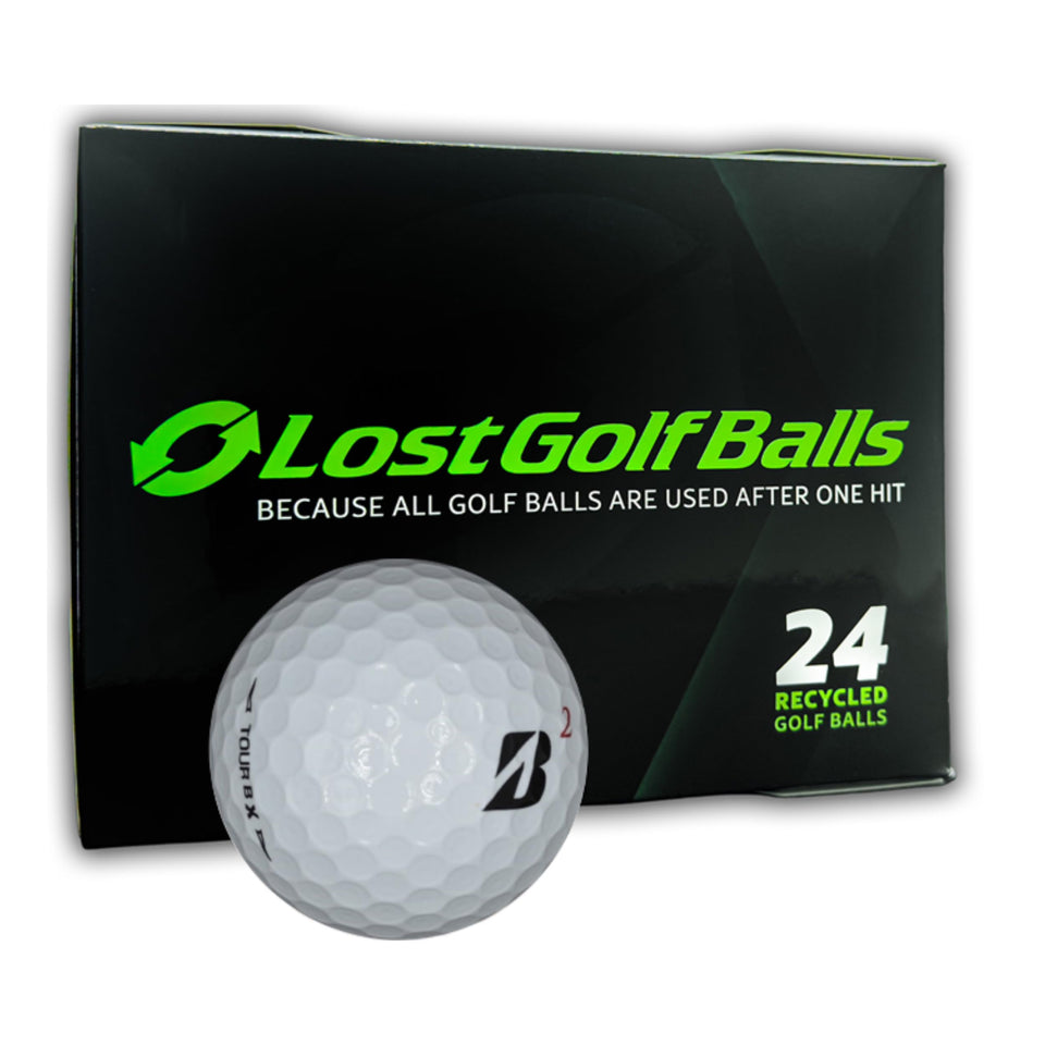 LostGolfBalls Bridgestone Tour B X 24-pack box closeup shows near mint condition.