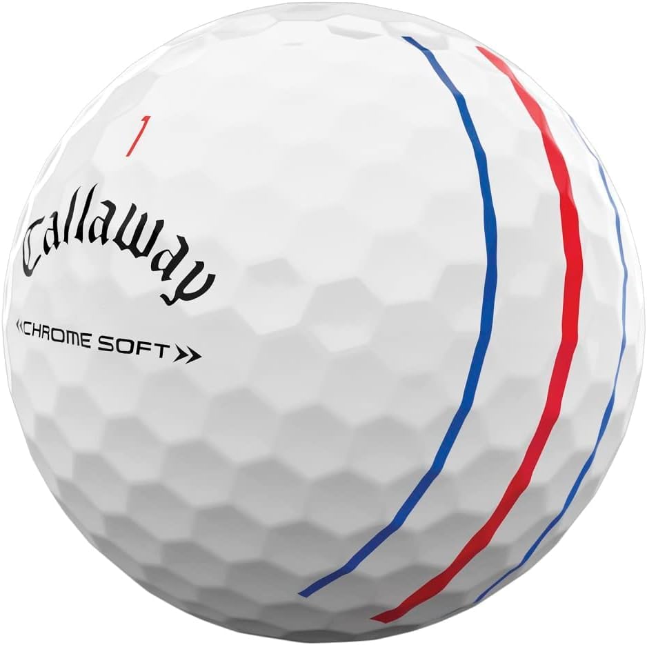 LostGolfBalls Chrome Soft Triple Track balls close-up showing soft feel and alignment lines.