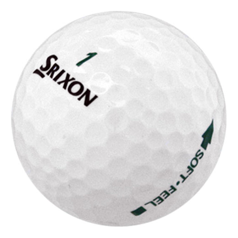 LostGolfBalls Srixon Soft Feel close-up shows clean white shell and precise dimples for control.