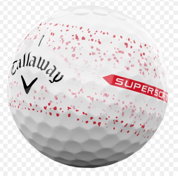 LostGolfBalls Supersoft Splatter 360 Red ball teed up for precise starts and visibility.