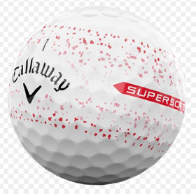 LostGolfBalls Supersoft Splatter 360 Red ball teed up for precise starts and visibility.
