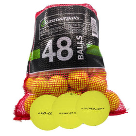 LostGolfBalls yellow mint 5A balls in a 48-pack shown for practice.