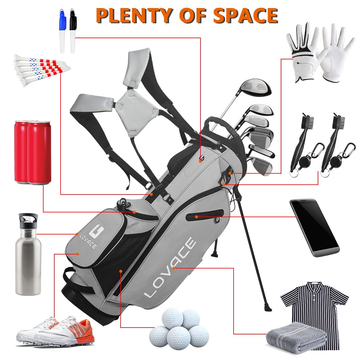 LOVACE multi-pocket-organization for balls, tees, gloves, and accessories neatly stored.