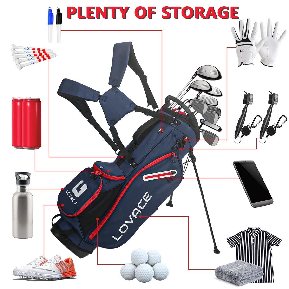 LOVACE bag stands steadily for convenient club retrieval during rounds.