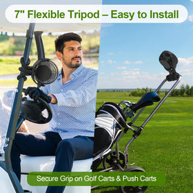 Lovegoo golf cart fan with flexible tripod clamps for stable, wobble-free mounting.