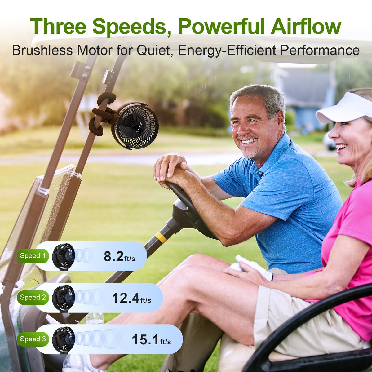Lovegoo golf cart fan timer options for auto shut-off and battery savings.