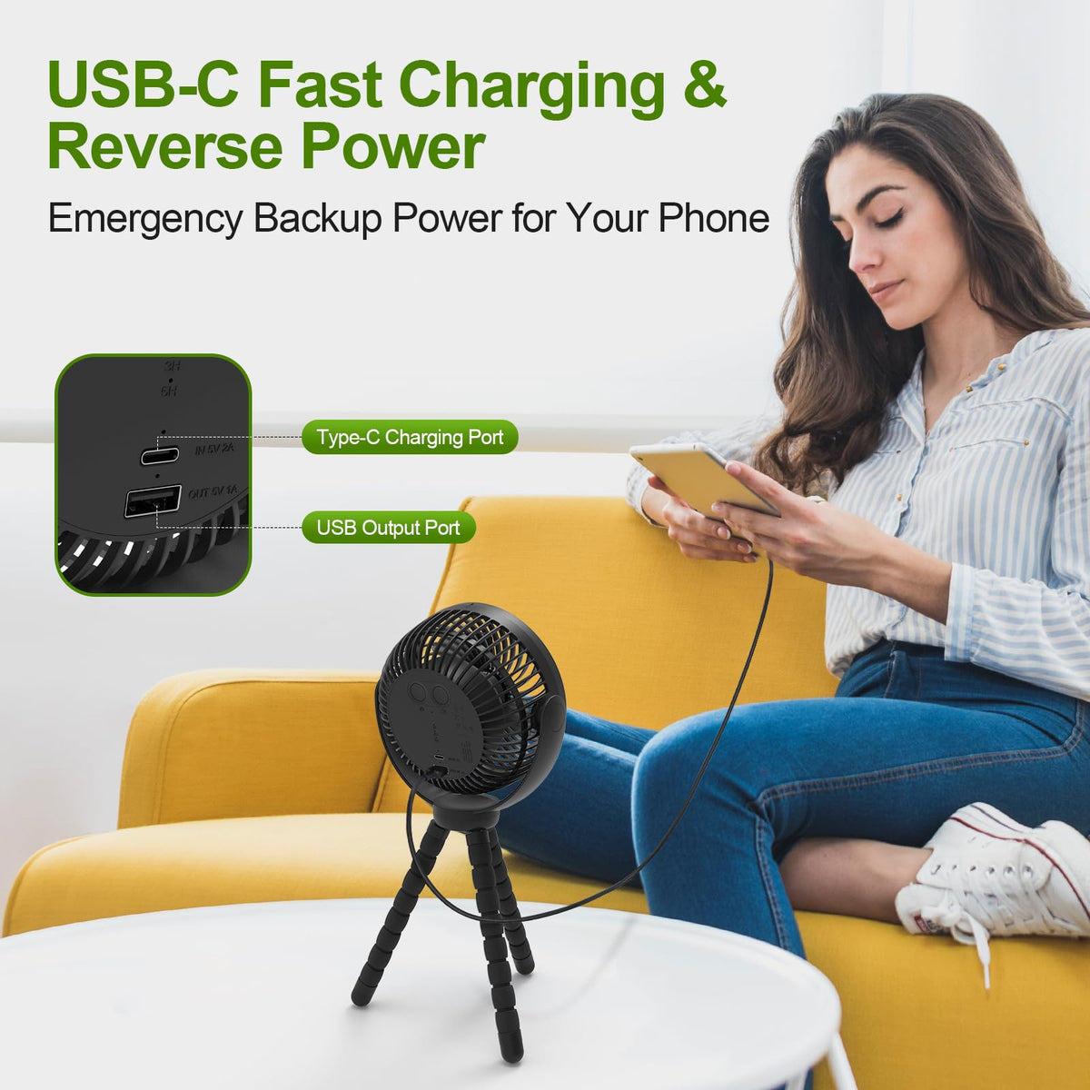 Lovegoo fan charges via USB Type-C for quick power boosts.