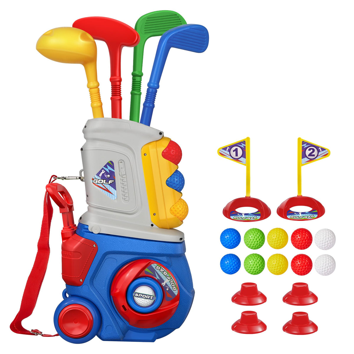 LPFG Toddler Golf Set cart with retractable handle for easy outdoor play.