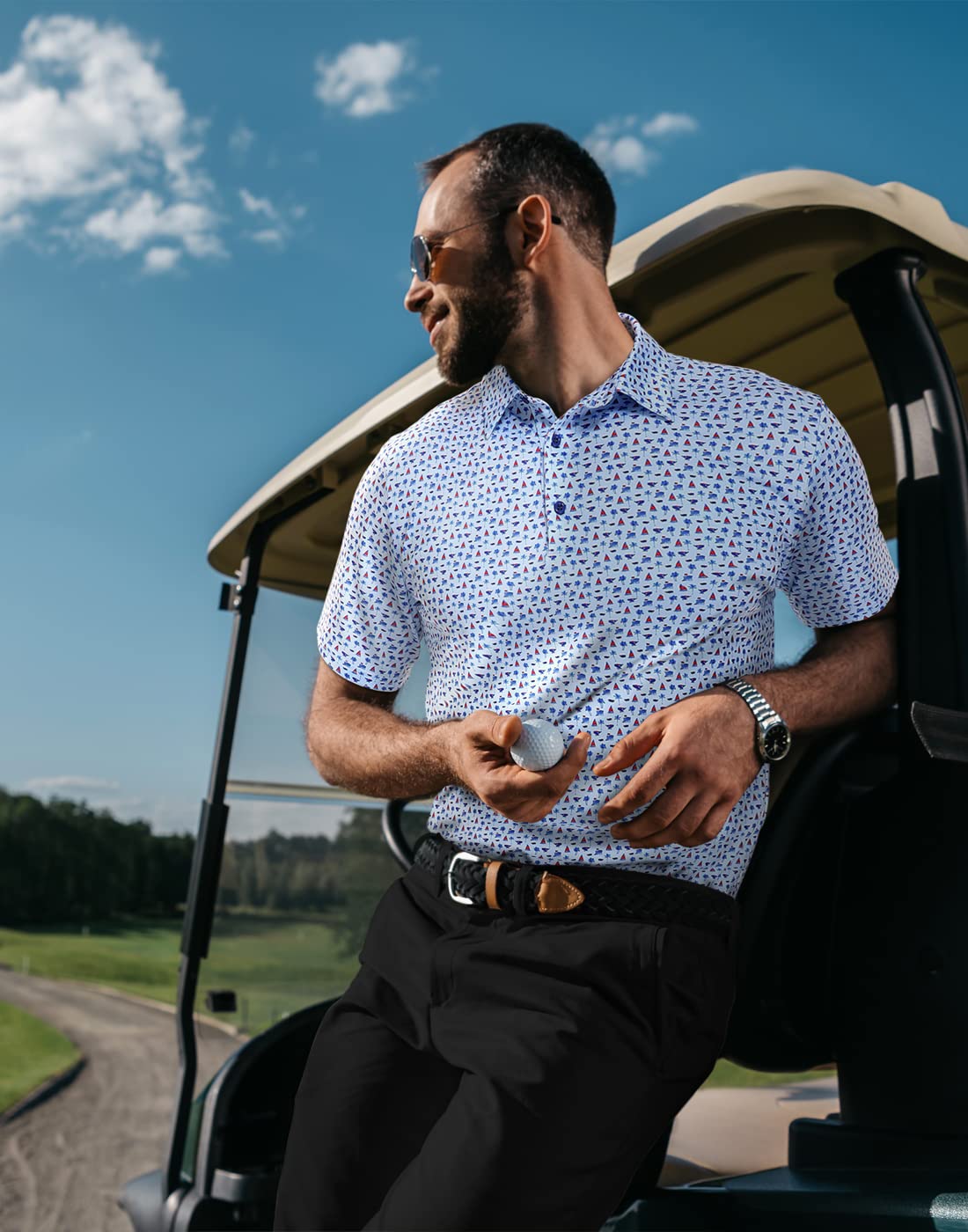 LRD men's stretch golf pants showing black belt loops for secure carry