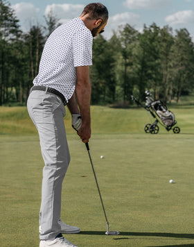 LRD men's stretch golf pants gray pocket detail showing secure front zip pockets.
