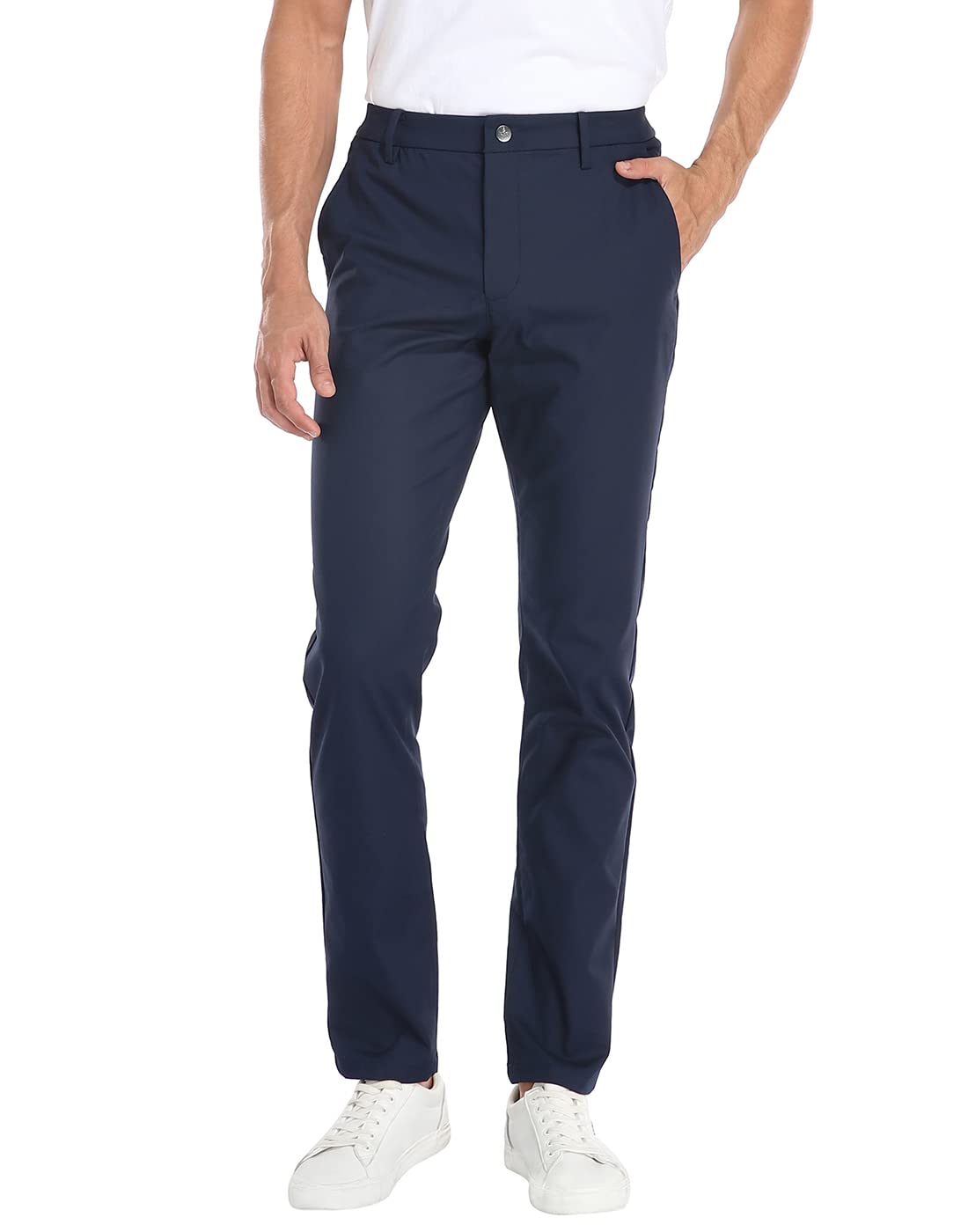 LRD men's stretch golf pants navy front view, breathable fabric and pockets.