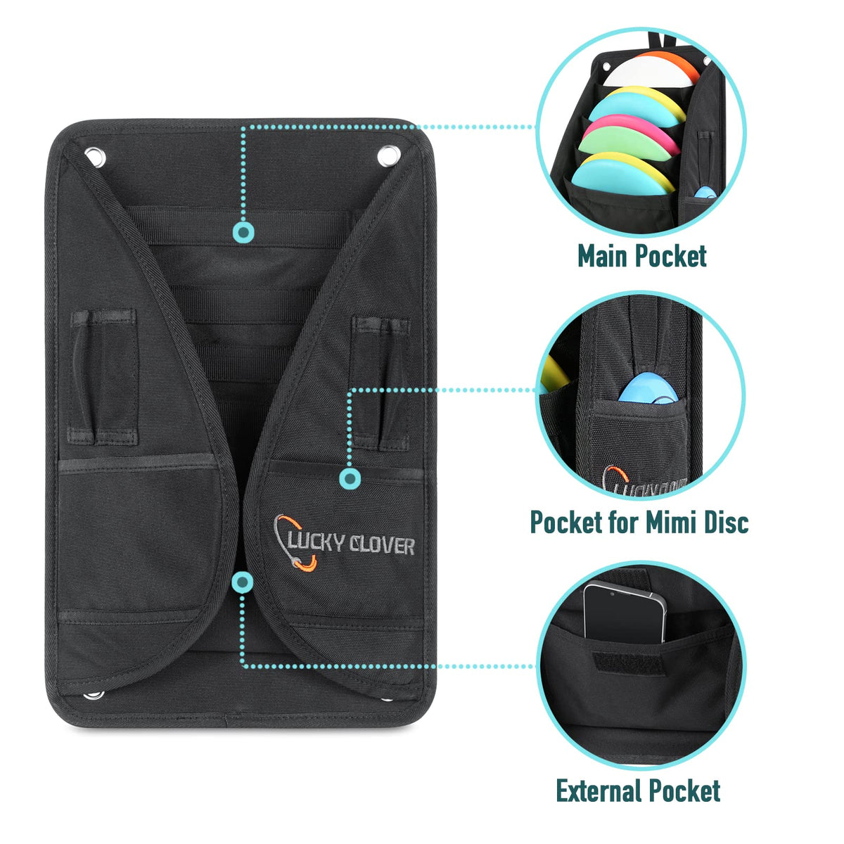 LUCKY CLOVER disc-golf-pouch-side-pockets provide extra storage for accessories on the course.