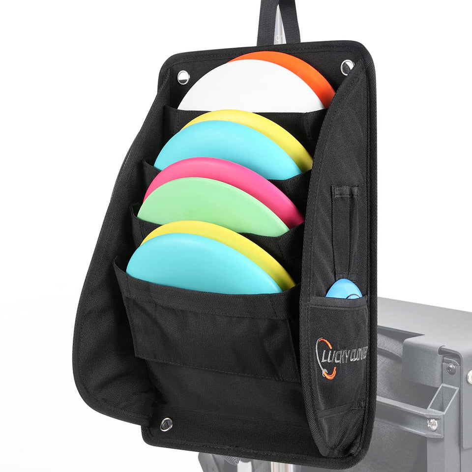 LUCKY CLOVER disc-putter-pouch-cart-strap securely attaches to cart for quick disc access.