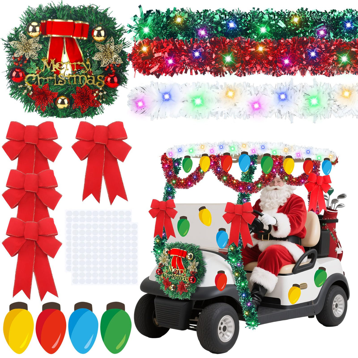 Luinabio Christmas wreath on golf cart front enhances festive curb appeal