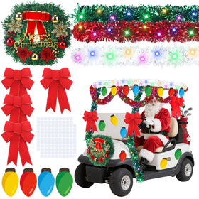 Luinabio Christmas wreath on golf cart front enhances festive curb appeal