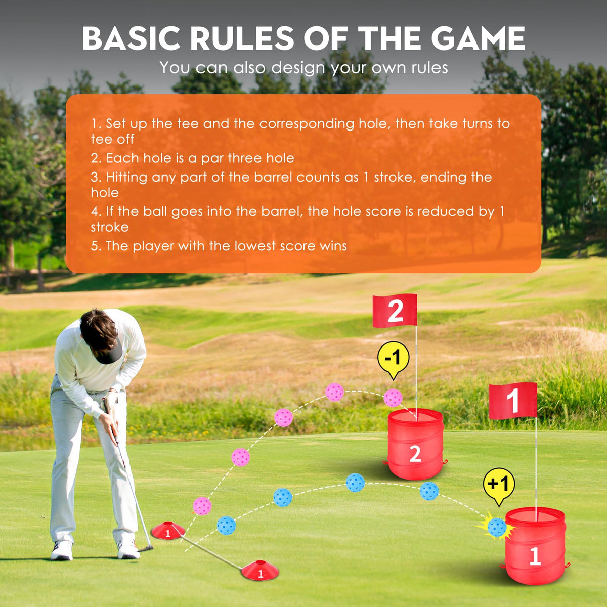 Lunalazeo six-hole course close-up highlighting durable buckets and colorful targets.