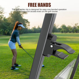 Lunira golf holder clip demonstrates one-handed operation for quick access.