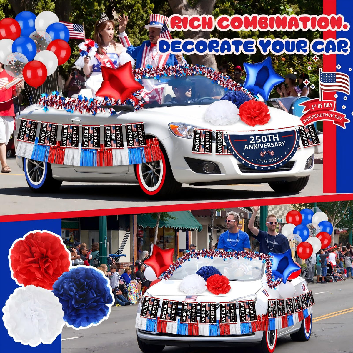 Lunmon crepe streamers in red, white, and blue add movement and color