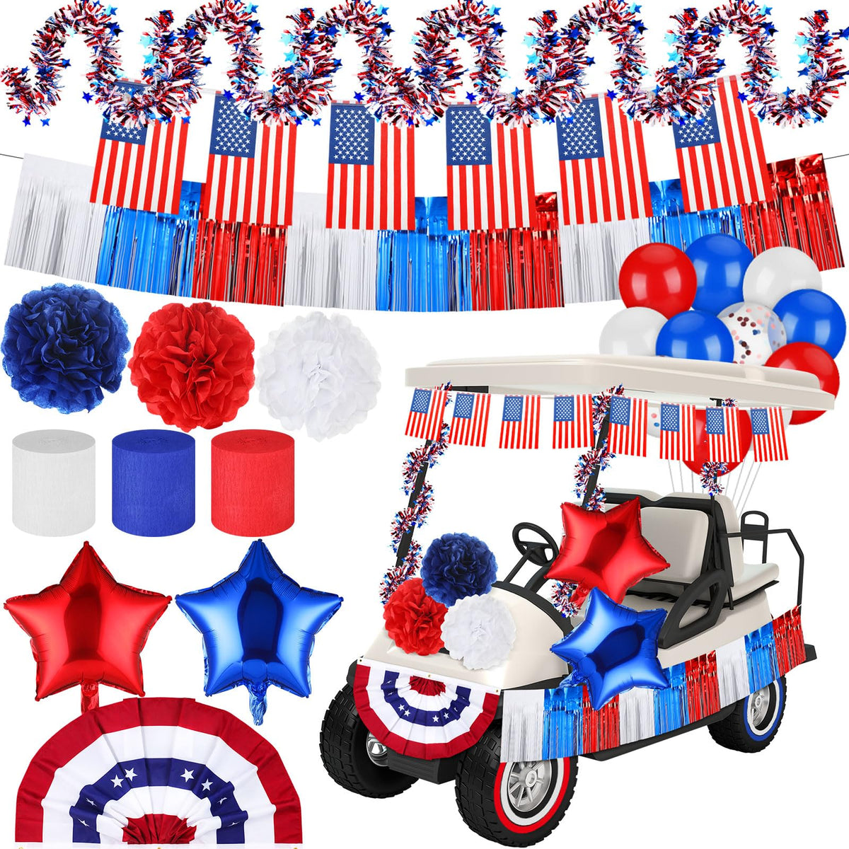Lunmon 38-pcs parade golf cart decor kit brightens Independence Day celebrations.