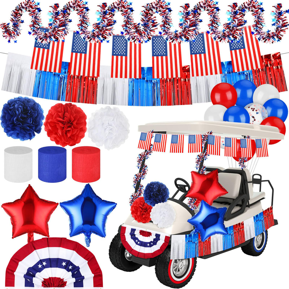Lunmon 38-pcs parade golf cart decor kit brightens Independence Day celebrations.