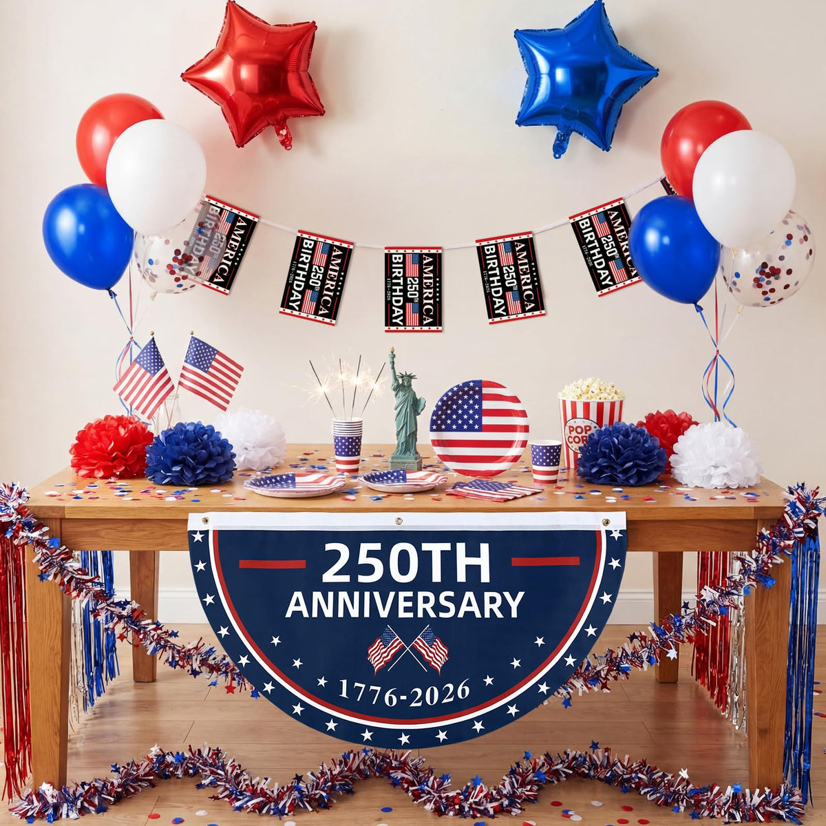 Lunmon red and blue star balloons create festive focal points for outdoor celebrations